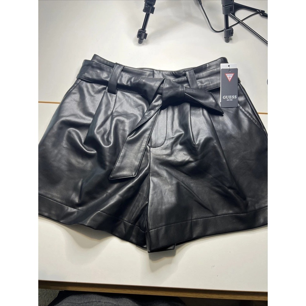 GUESS Mariah PU Leather Shorts Jet Black High Waist Pleated Paper Bag Waist - Picture 3 of 6